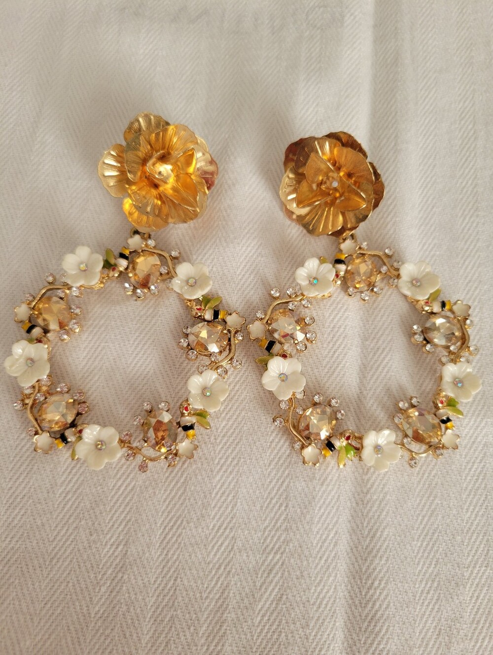 Gold Floral Hoop Earrings with White Blossom Bee Accents